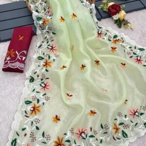 Pista Beautiful Heavy Embroidery Work Khadi Organza Silk Saree