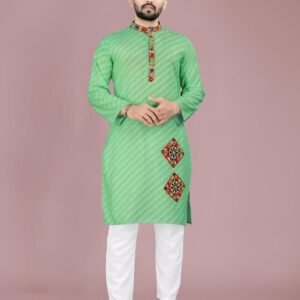 Pista Cotton Kurta And Pyjama With Gamthi Work