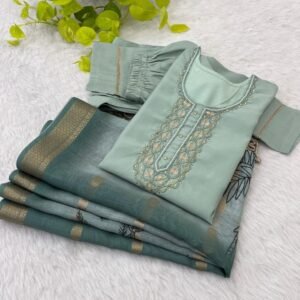 Pista Fancy Neck Handwork Work Roman Silk Kurtis Set With Dupatta