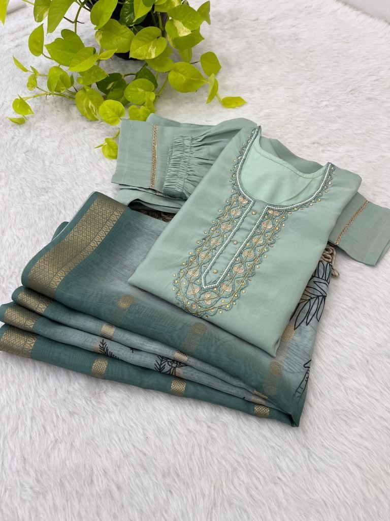 pista fancy neck handwork work 1728464108 Pista Fancy Neck Handwork Work Roman Silk Kurtis Set With Dupatta