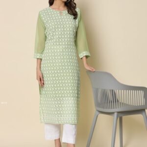 Pista Green Chikankari Embroidered Kurti Pant Set