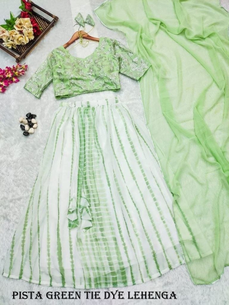 pista green color tie dye geor 1716986867 Pista Green Color Tie Dye Georgette Bridesmaid Lehenga