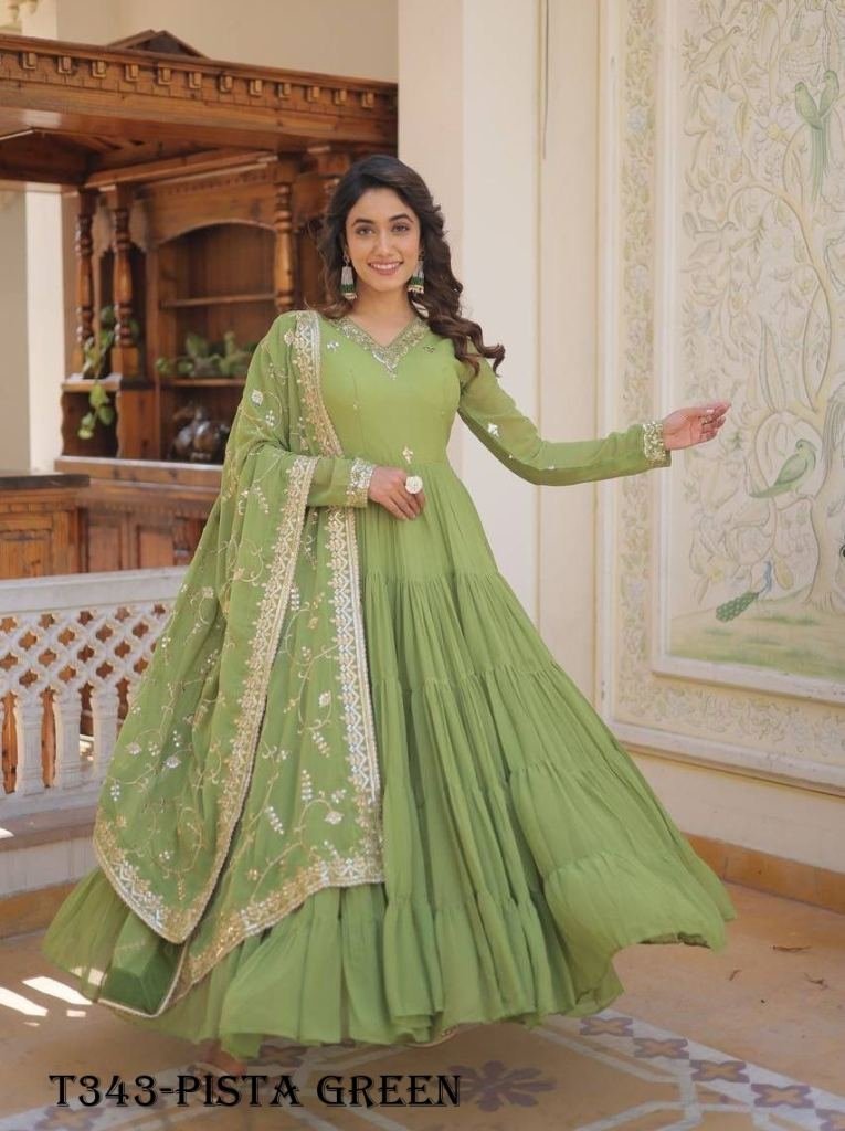 pista green georgette gown wit 1724396089 Pista Green Georgette Gown With Dupatta For Women
