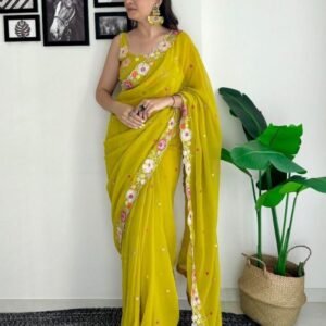 Pista Green Georgette With Embroidery Work Saree
