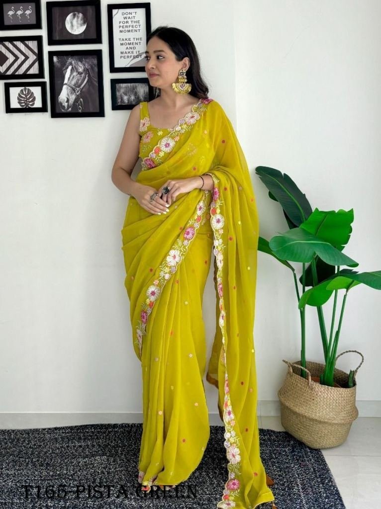 pista green georgette with emb 1720085089 Pista Green Georgette With Embroidery Work Saree
