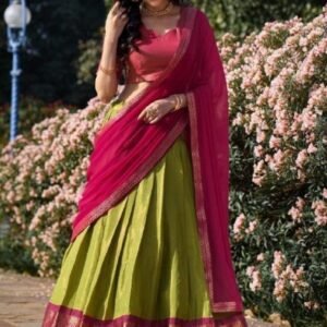 Pista Green Kanchipuram Silk Zari Woven Lehenga With Pink Dupatta