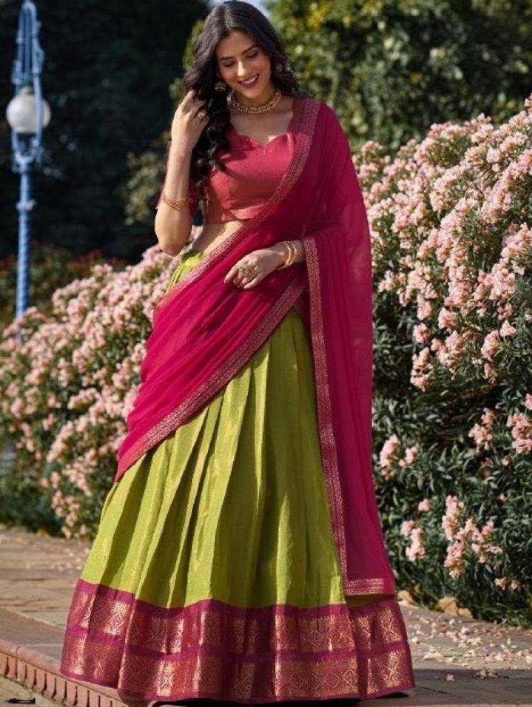 pista green kanchipuram silk z 1754045838 Pista Green Kanchipuram Silk Zari Woven Lehenga With Pink Dupatta