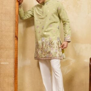 Pista Green Viscose Silk Kurta with Multi Thread Embroidery