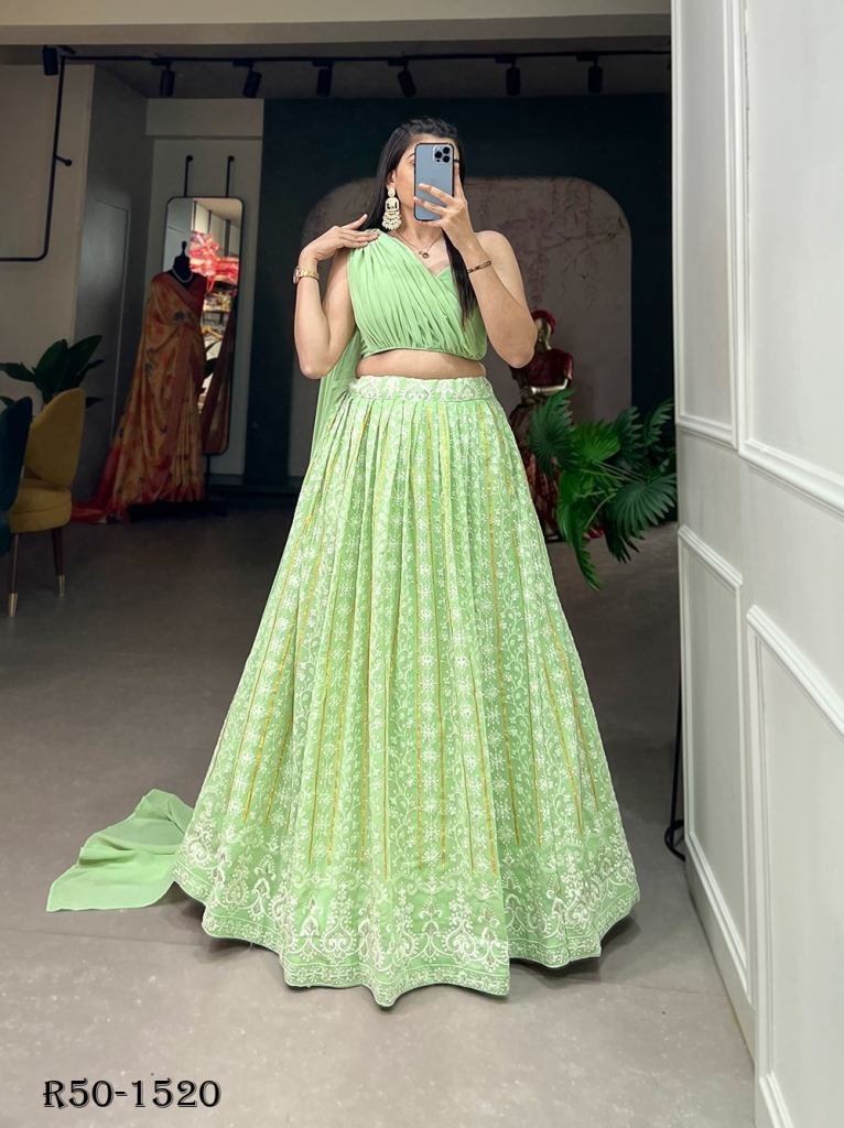 pista lucknowi georgette lehen 1718174612 Pista Lucknowi Georgette Lehenga Choli Coord Set