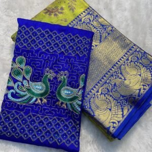 Pista Saree With Blue Zari Weaving Brocket Blouse