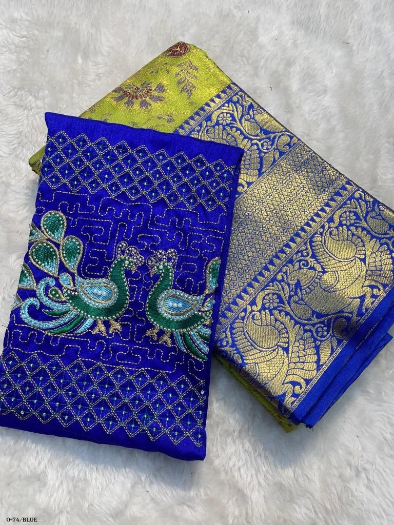 pista saree with blue zari wea 1724415006 Pista Saree With Blue Zari Weaving Brocket Blouse