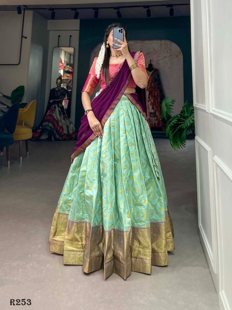 pista zari weaving work jacqua 1724933103 Pista Zari Weaving Work Jacquard Silk Lehenga Choli