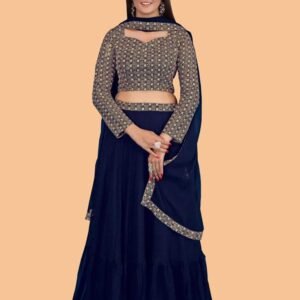 Plain Blue Georgette lehenga With Long Sleeve Blouse