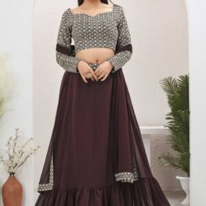 Plain Brown Georgette Ruffle lehenga With Long Sleeve Blouse