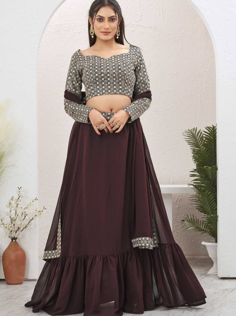 plain brown georgette ruffle l 1713953695 Plain Brown Georgette Ruffle lehenga With Long Sleeve Blouse