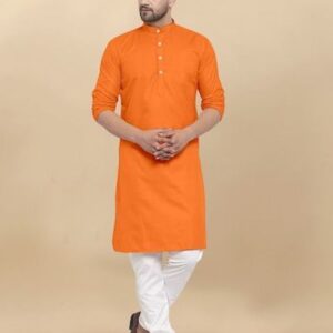 Plain Heavy Cotton Orange Kurta And Pyjama
