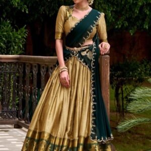 Poly Cotton Cream Color Haif Lehenga Saree