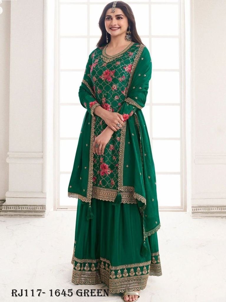 prachi desai wear green chinon 1723706088 Prachi Desai Wear Green Chinon Kurti Palazzo Dupatta Set