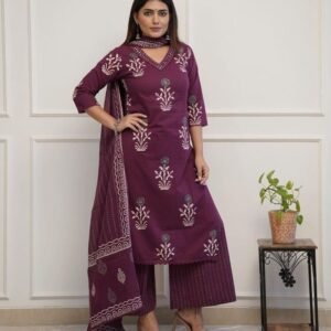 Premium Cotton Wine Kurta Plazzo with Dupatta Set