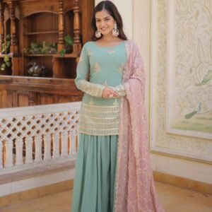 Premium Designer Georgette Pista Color Kurti Palazzo Dupatta Collections