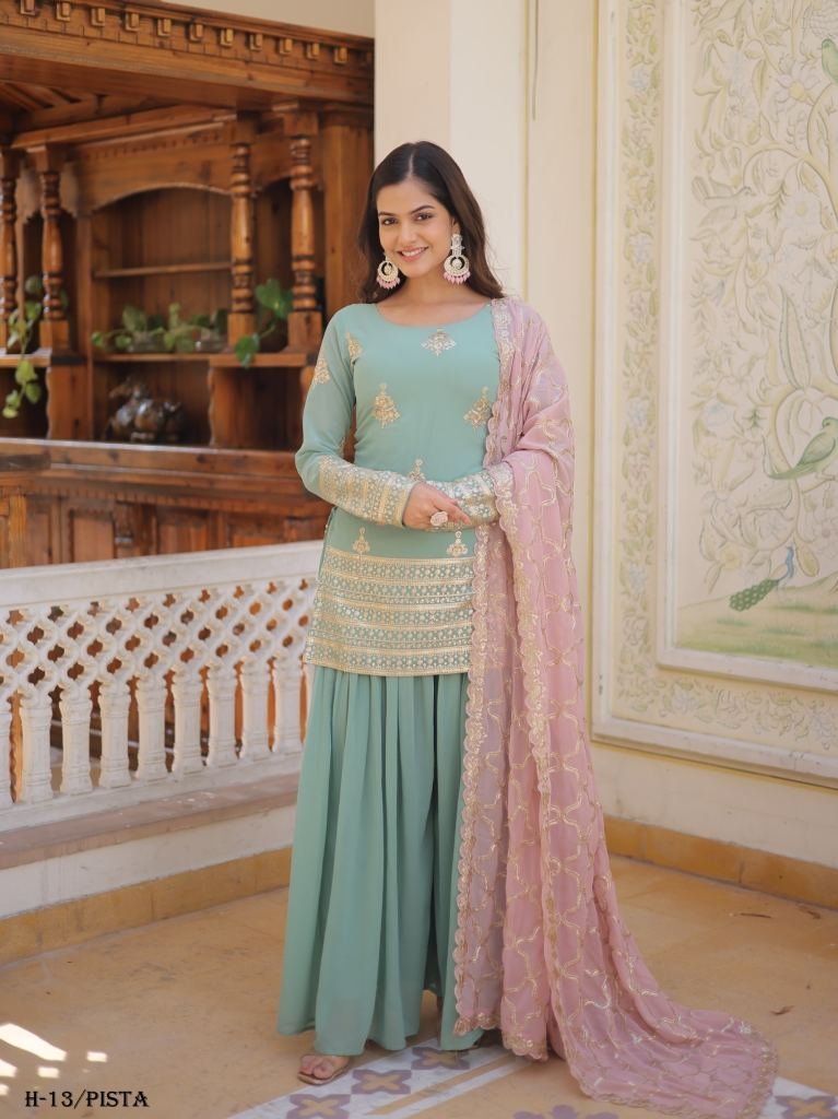 premium designer georgette pis 1721653128 Premium Designer Georgette Pista Color Kurti Palazzo Dupatta Collections