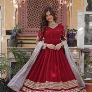 Premium Designer Faux Blooming Readymade Red Gown