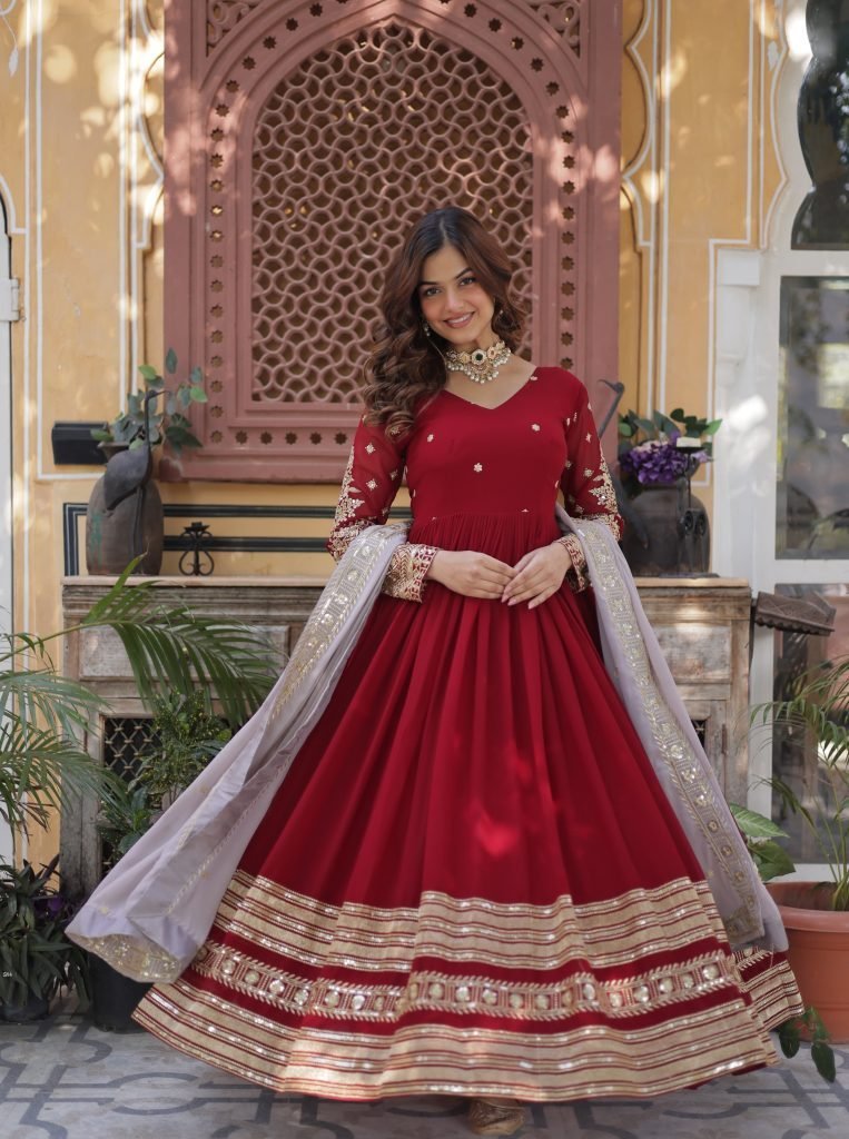 premium designer readymade gow 1747804077 Premium Designer Faux Blooming Readymade Red Gown