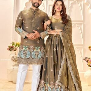Premium Fendi Silk With Embroidered Lehenga And Kurta Couple Set For Wedding Wear