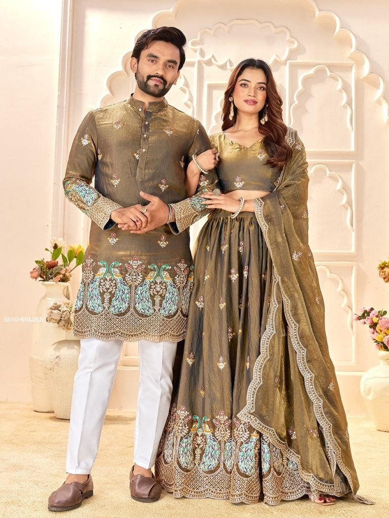 premium fendi silk with embroi 1763382385 Premium Fendi Silk With Embroidered Lehenga And Kurta Couple Set For Wedding Wear