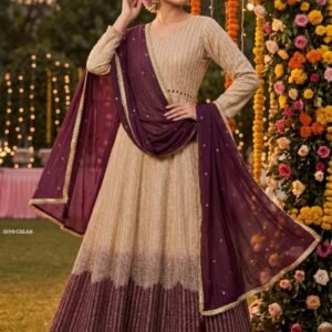 Premium Georgette Chikankari Anarkali Dress in Beige And Wine With Dupatta