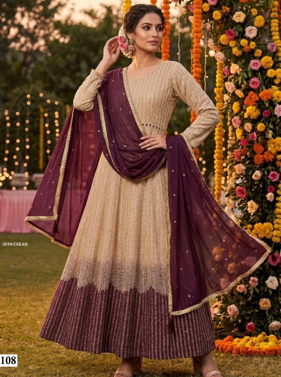 premium georgette chikankari a 1777892122 Premium Georgette Chikankari Anarkali Dress in Beige And Wine With Dupatta