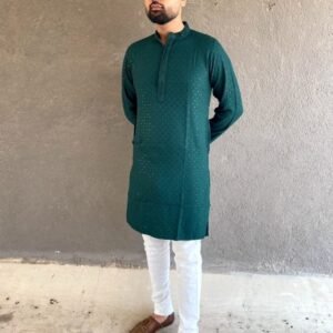 Premium Heavy Rayon Chikan Work Green Kurta Pyjama