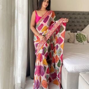 Premium Multicolour Georgette Saree With Pink Blouse
