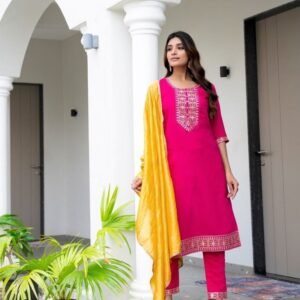 Premium Pink Roman Silk Batali Kurti Pant Set