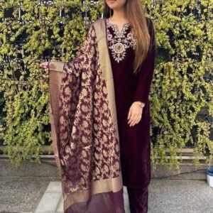 Premium Pink Viscous Velvet Suit Pant Set With Embroidery Work