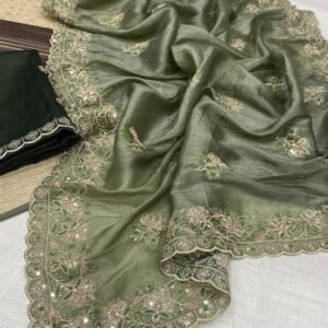Premium Pista Color Soft Gold Crush Fabric Saree