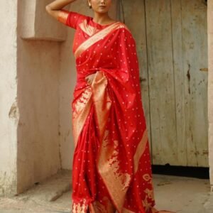 Premium Quality Bhandhej Work Red Saree