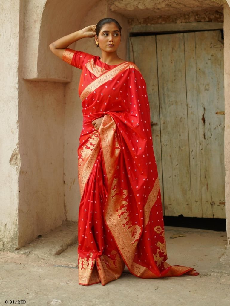 premium quality bhandhej work 1725019883 Premium Quality Bhandhej Work Red Saree