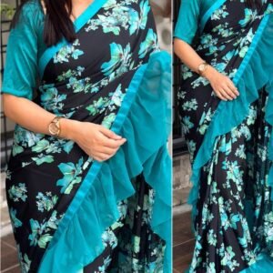Premium Quality Japan Satin Blue Silk Ruffle Saree