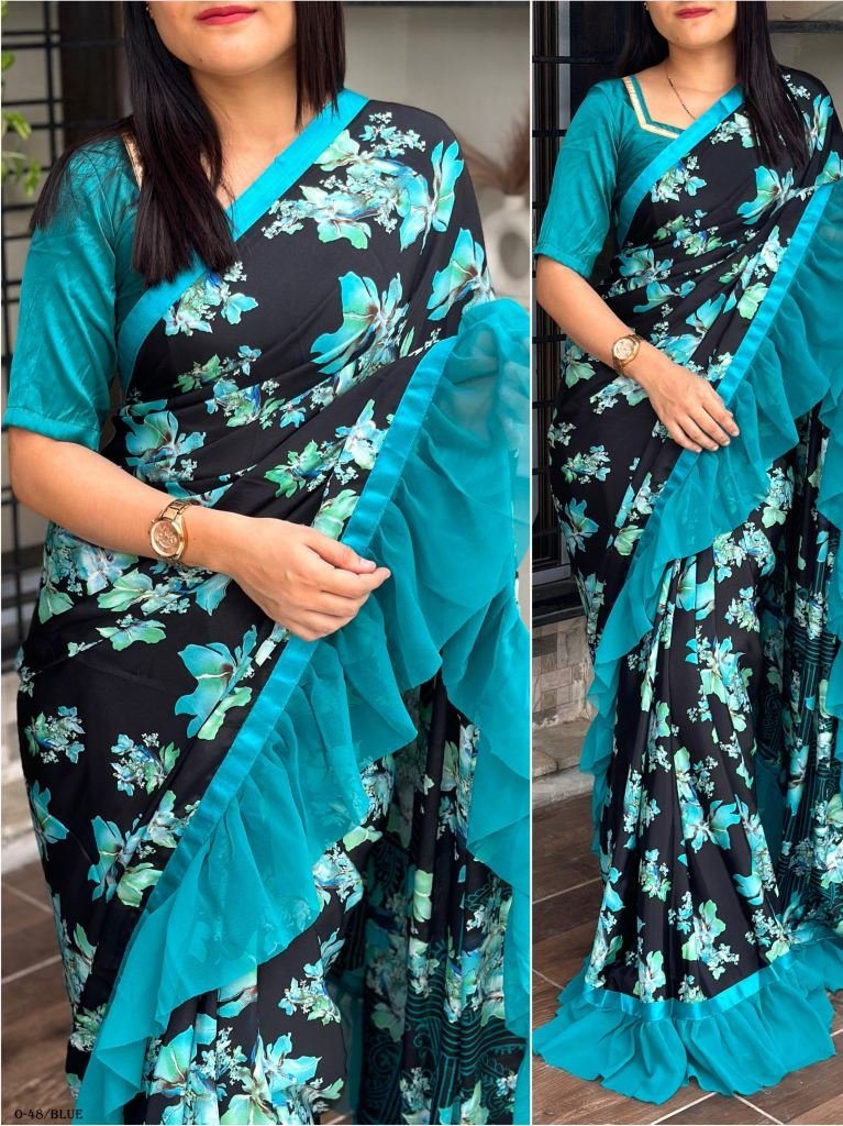 premium quality japan satin bl 1723282998 Premium Quality Japan Satin Blue Silk Ruffle Saree