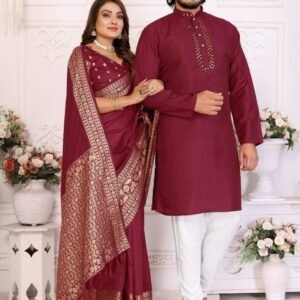 Premium Quality Maroon Dola Silk Saree With Matching Kurta Pajama