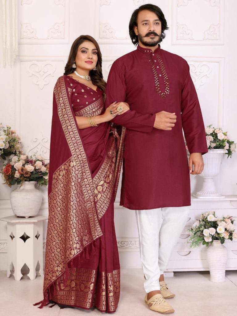 premium quality maroon dola si 1748691829 Premium Quality Maroon Dola Silk Saree With Matching Kurta Pajama