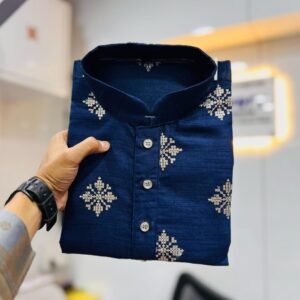 Premium Quanlity Navy Blue Sequince Work Soft Silk Men Kurta Pajama Set