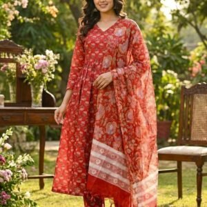 Premium Red Cotton Ethnic Kurti For Summer