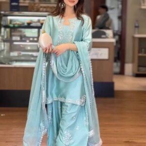 Premium Roman Silk Embroidered Kurta Set with Farsi Palazzo And Organza Dupatta for Women