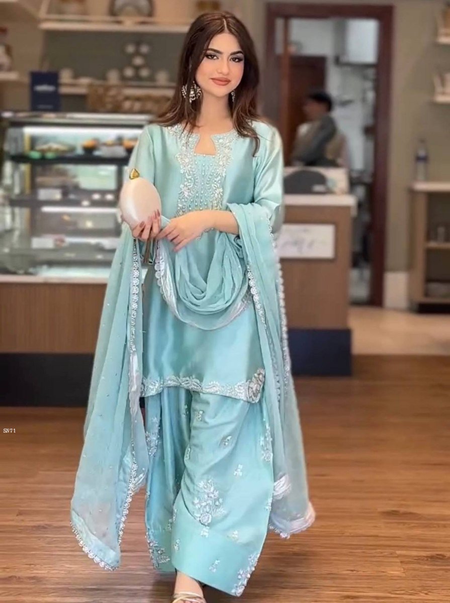 premium roman silk embroidered 1775122692 Premium Roman Silk Embroidered Kurta Set with Farsi Palazzo And Organza Dupatta for Women