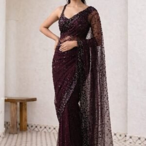Premium Wine Party Wear Soft Net Saree with All Over Sequin Work