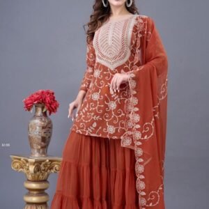 Presenting Burnt Orange Festive Wear Georgette Sharara Set