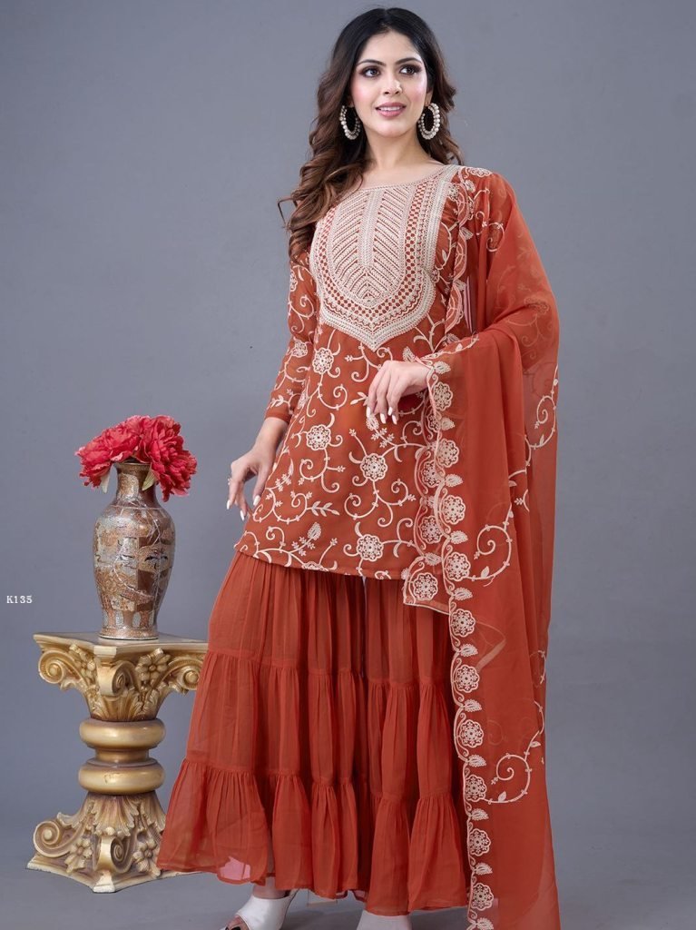 presenting burnt orange festiv 1740126931 Presenting Burnt Orange Festive Wear Georgette Sharara Set