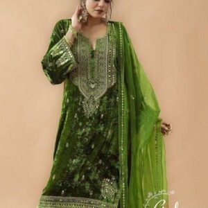 Presenting Good Quality Green Heavy Velvet Kurtis Pant With Embroidery Work